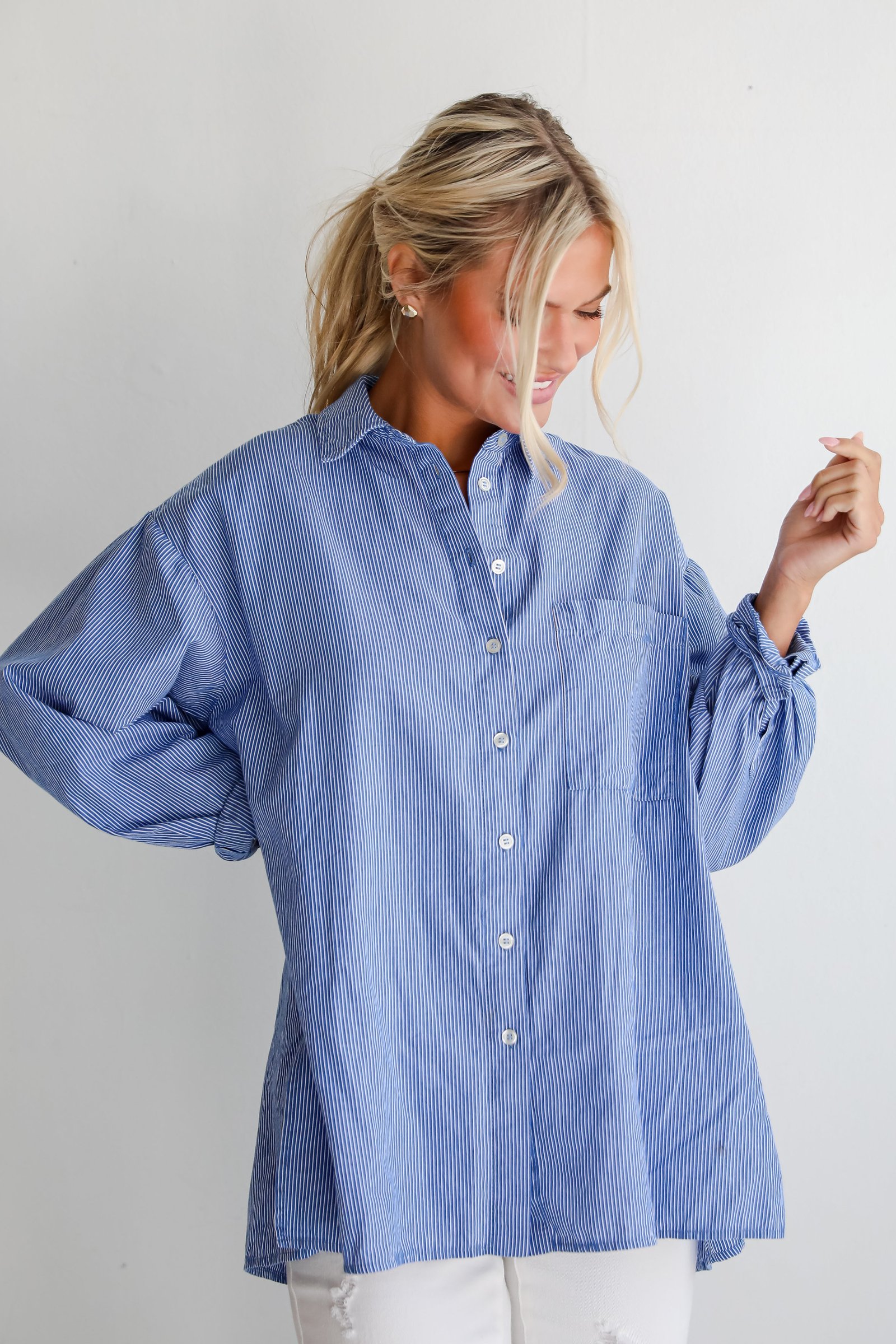 Vacation Sun Blue Striped Button-Up Blouse DK17