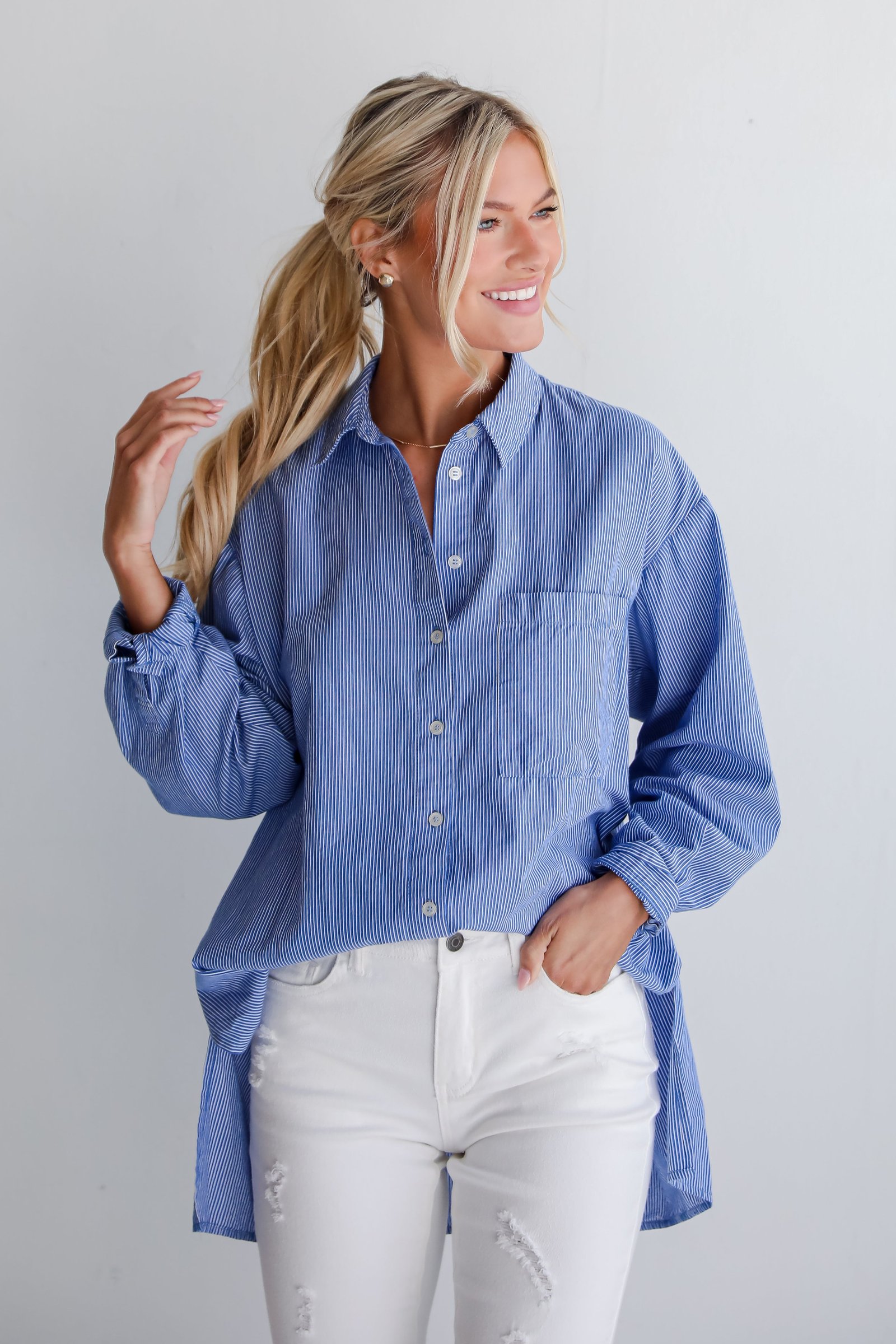 Vacation Sun Blue Striped Button-Up Blouse DK17