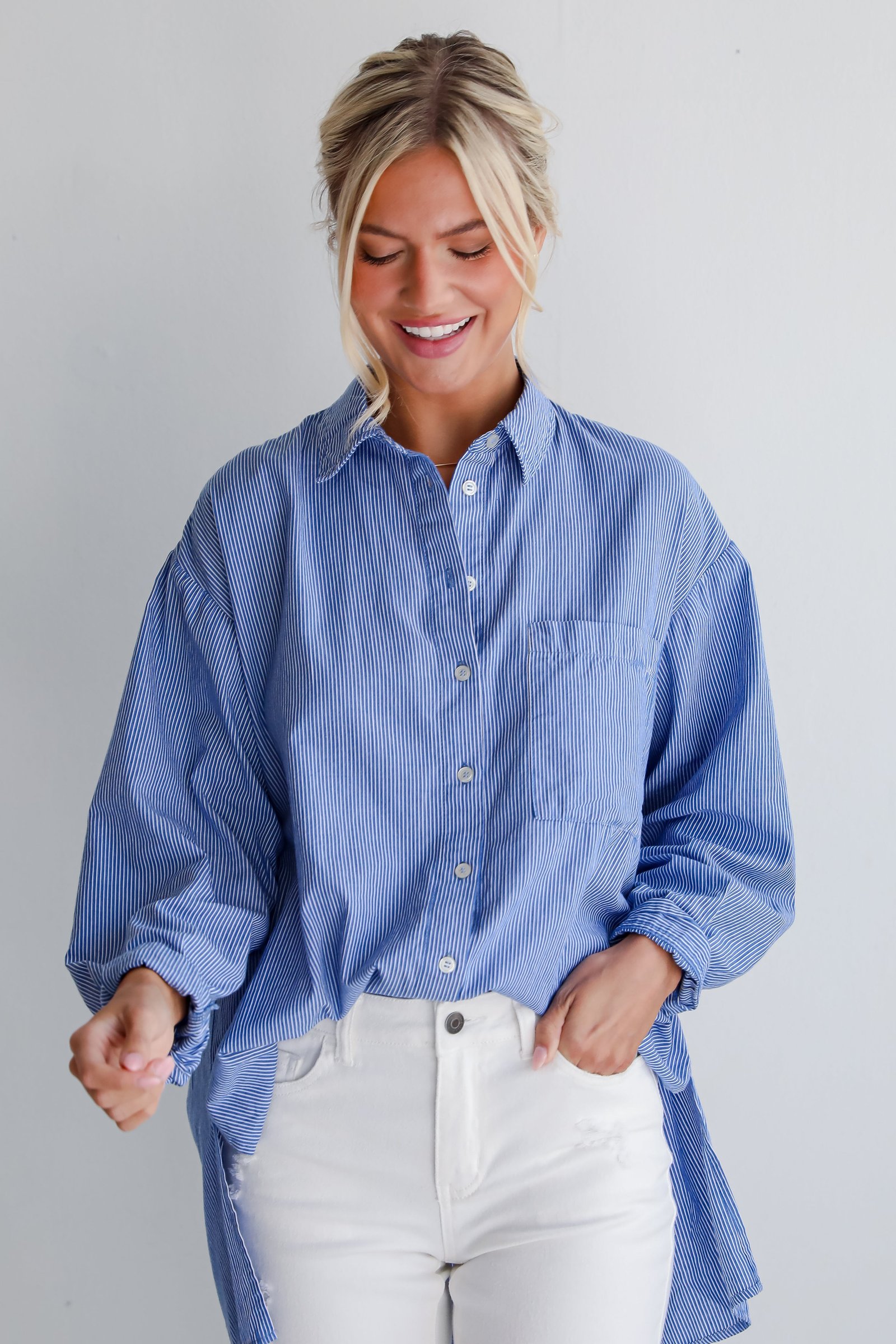 Vacation Sun Blue Striped Button-Up Blouse DK17