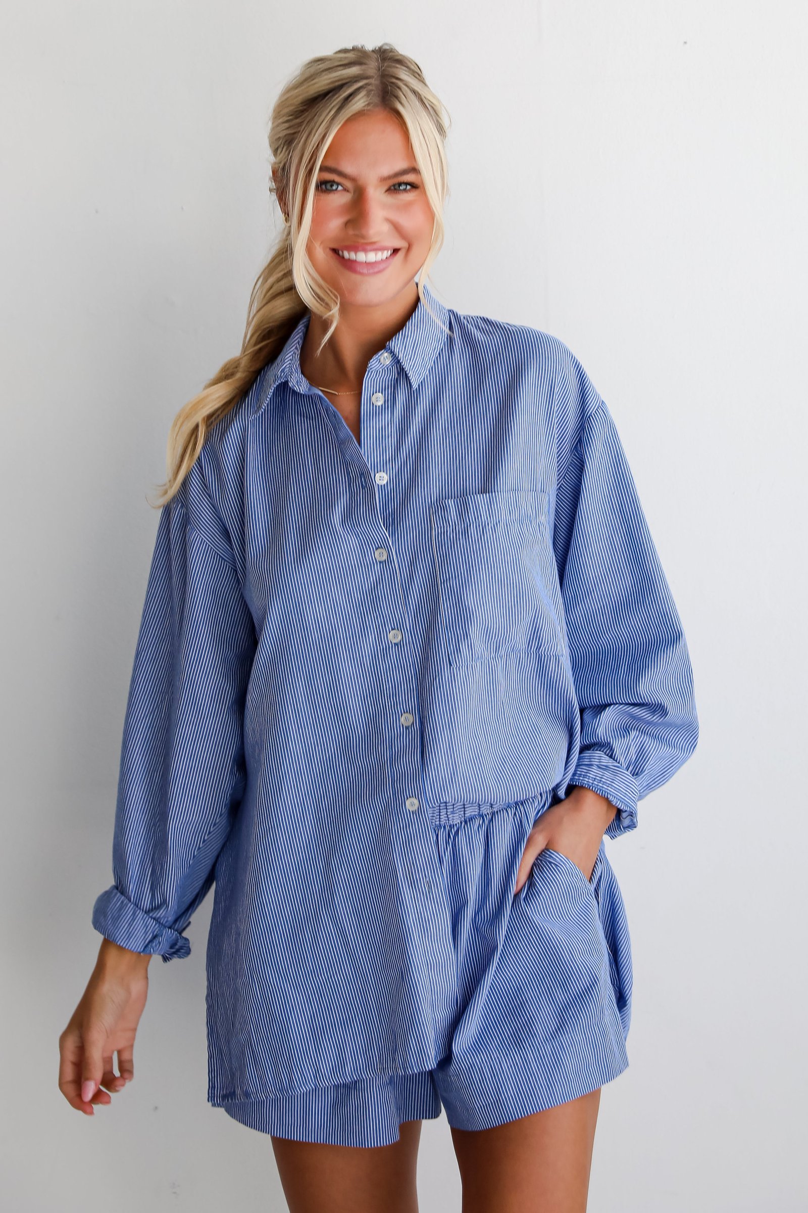 Vacation Sun Blue Striped Button-Up Blouse DK17