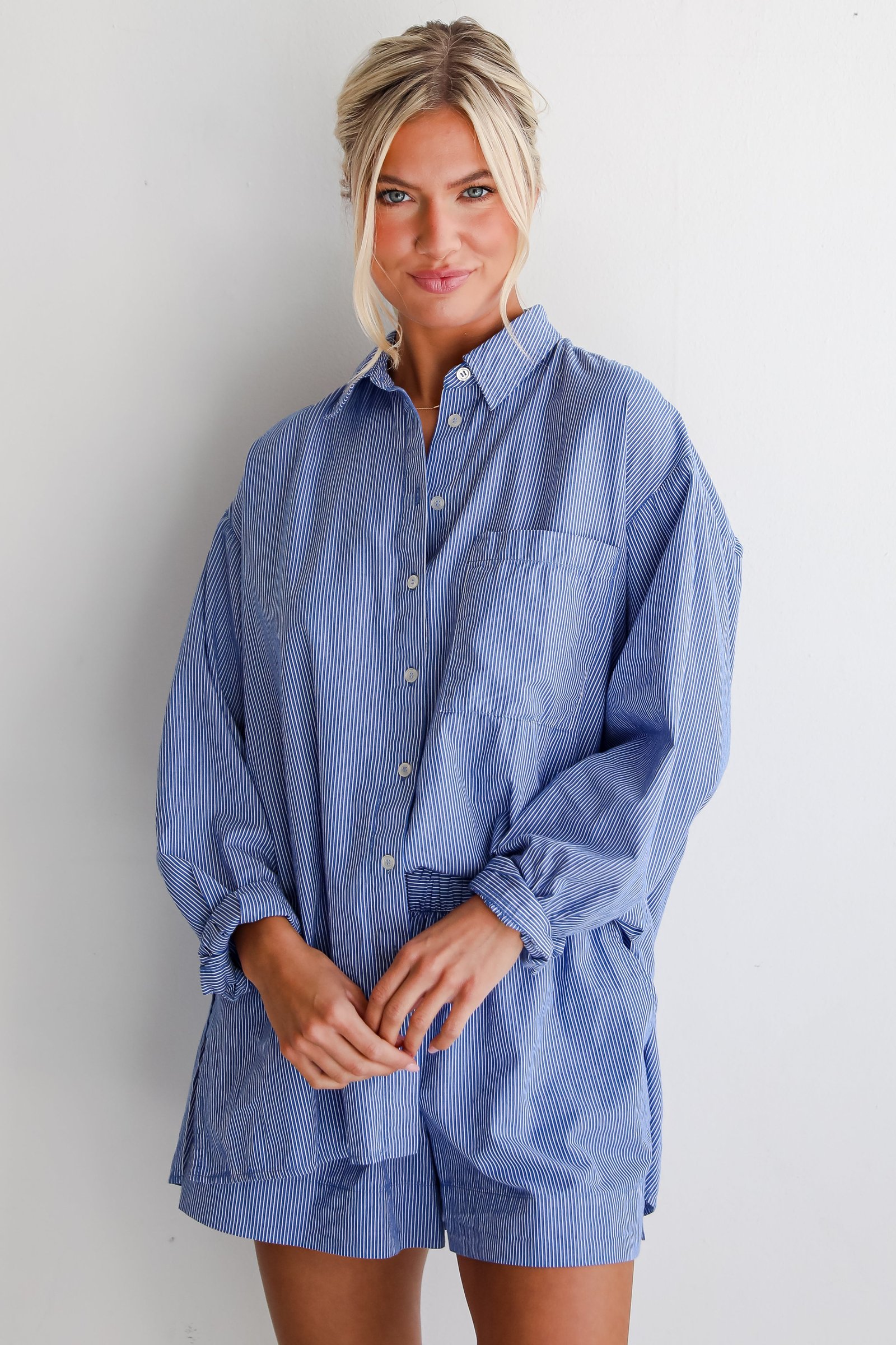 Vacation Sun Blue Striped Button-Up Blouse DK17