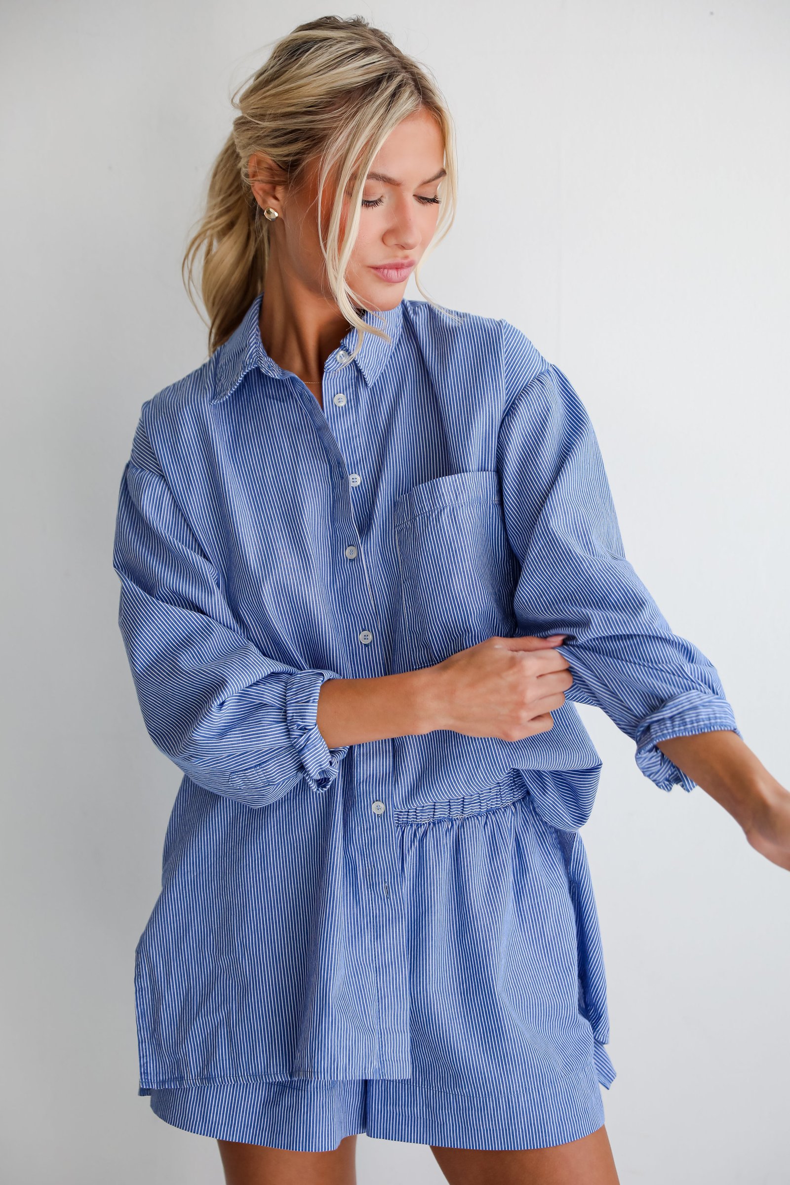 Vacation Sun Blue Striped Button-Up Blouse DK17