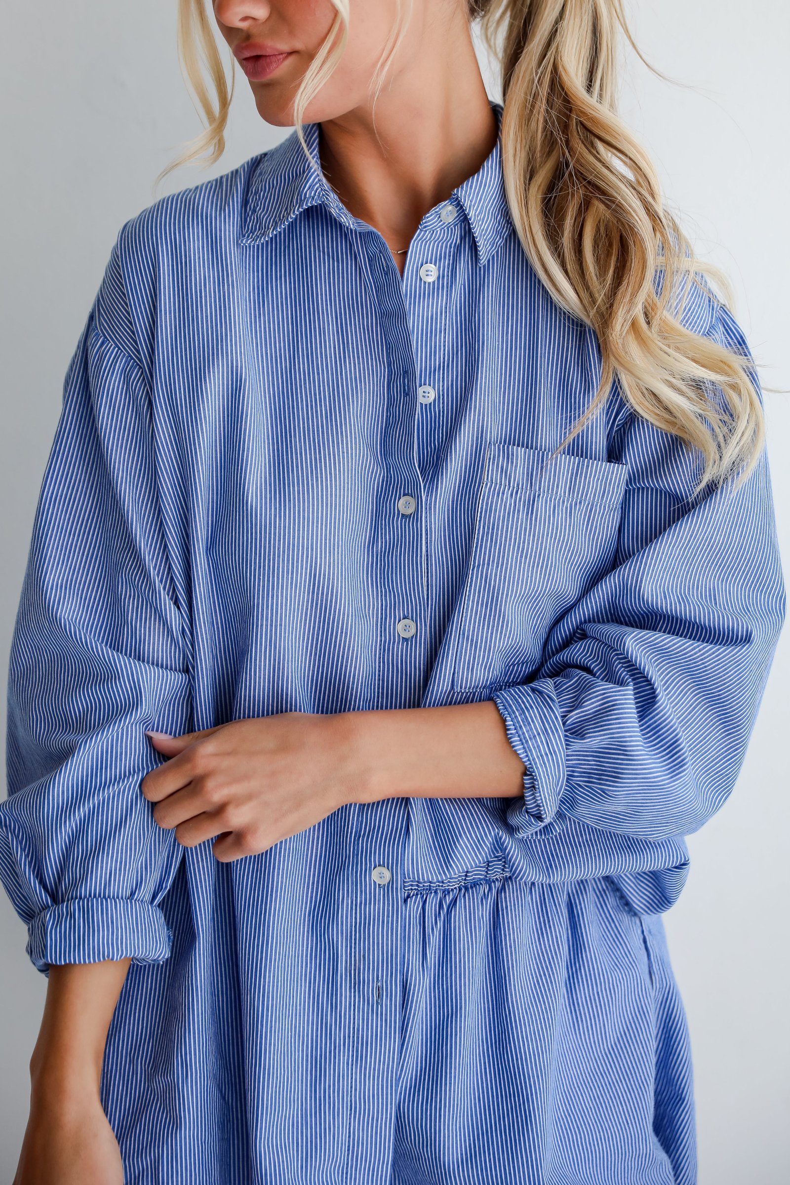 Vacation Sun Blue Striped Button-Up Blouse DK17