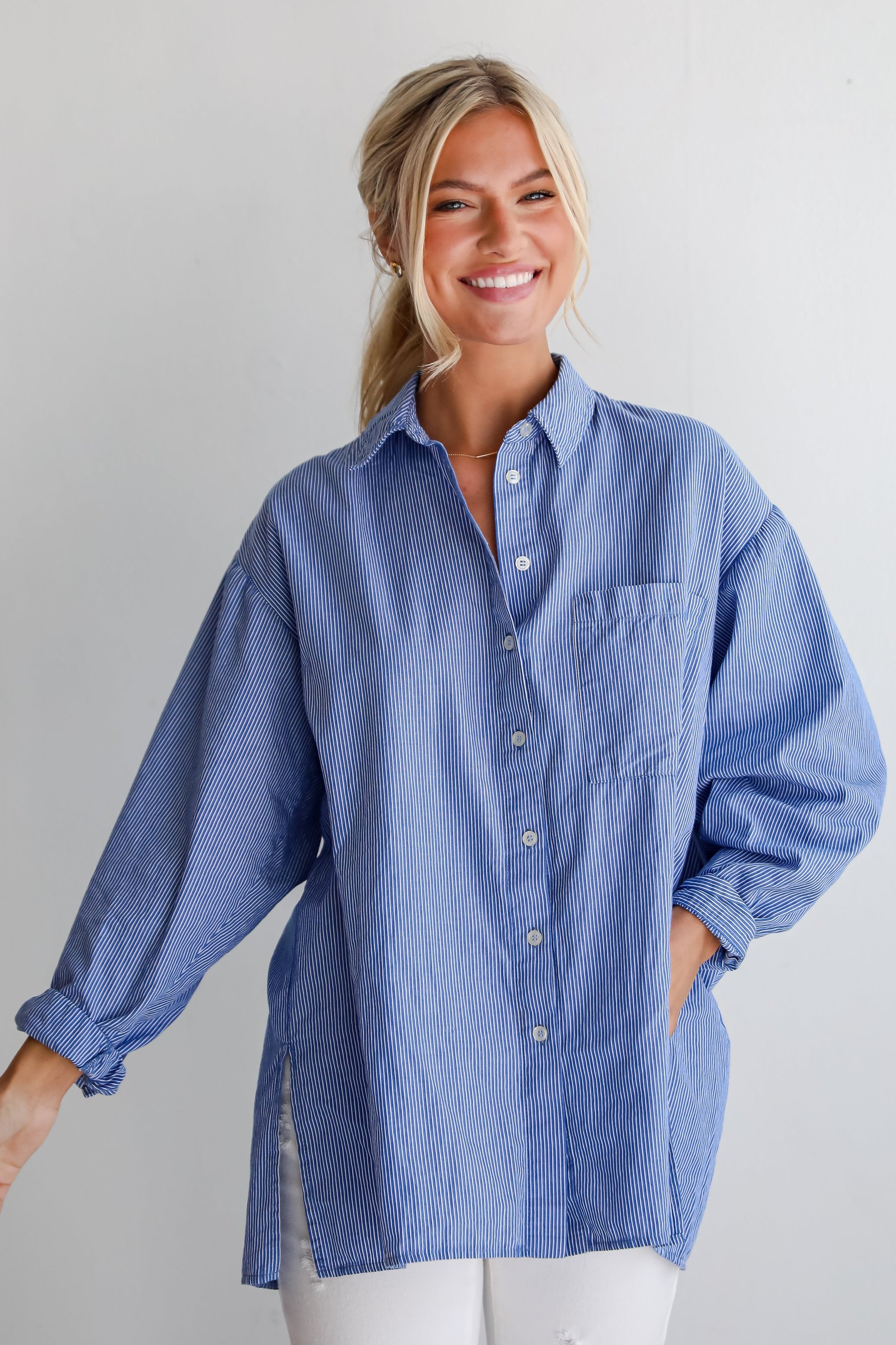 Vacation Sun Blue Striped Button-Up Blouse DK17