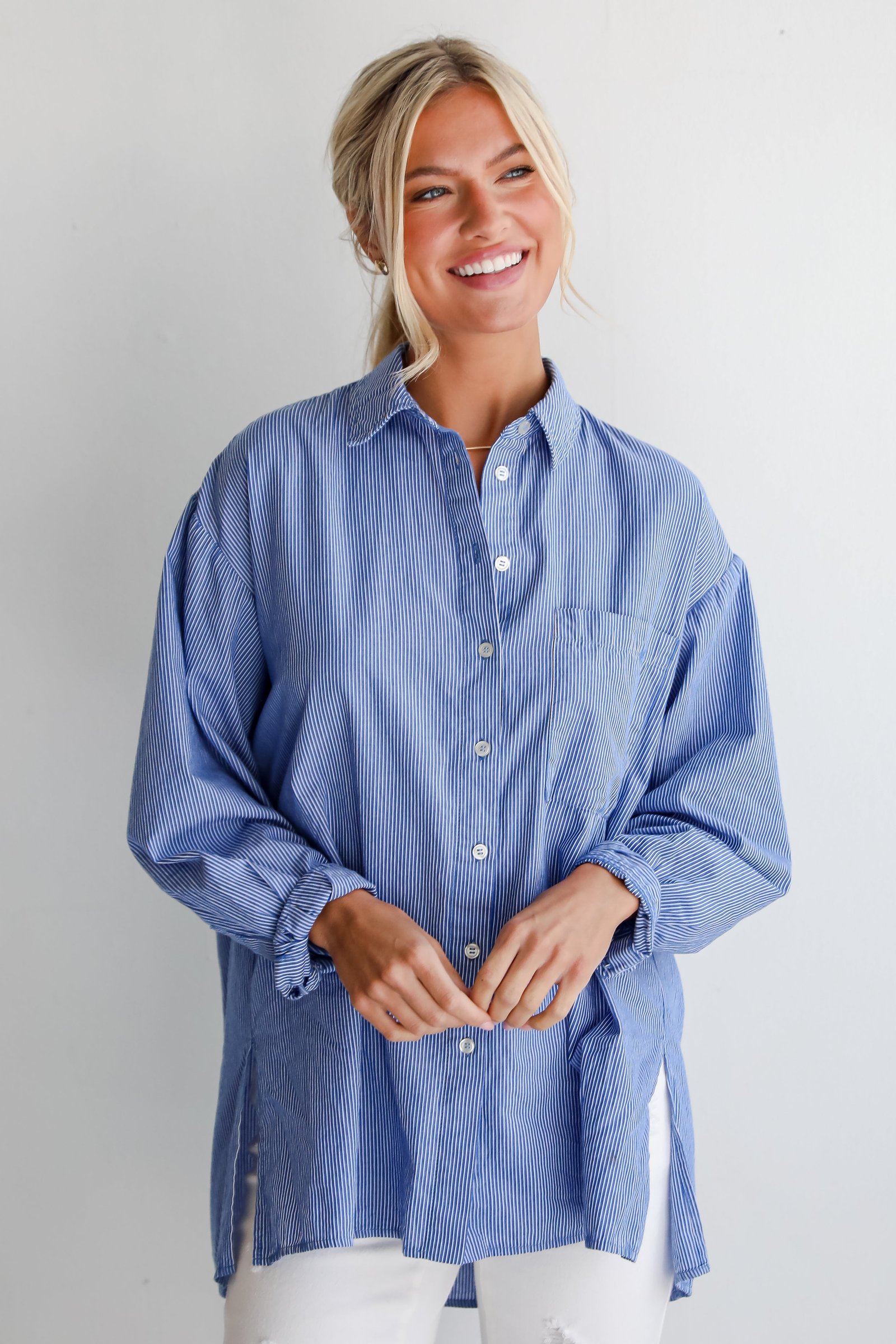 Vacation Sun Blue Striped Button-Up Blouse DK17