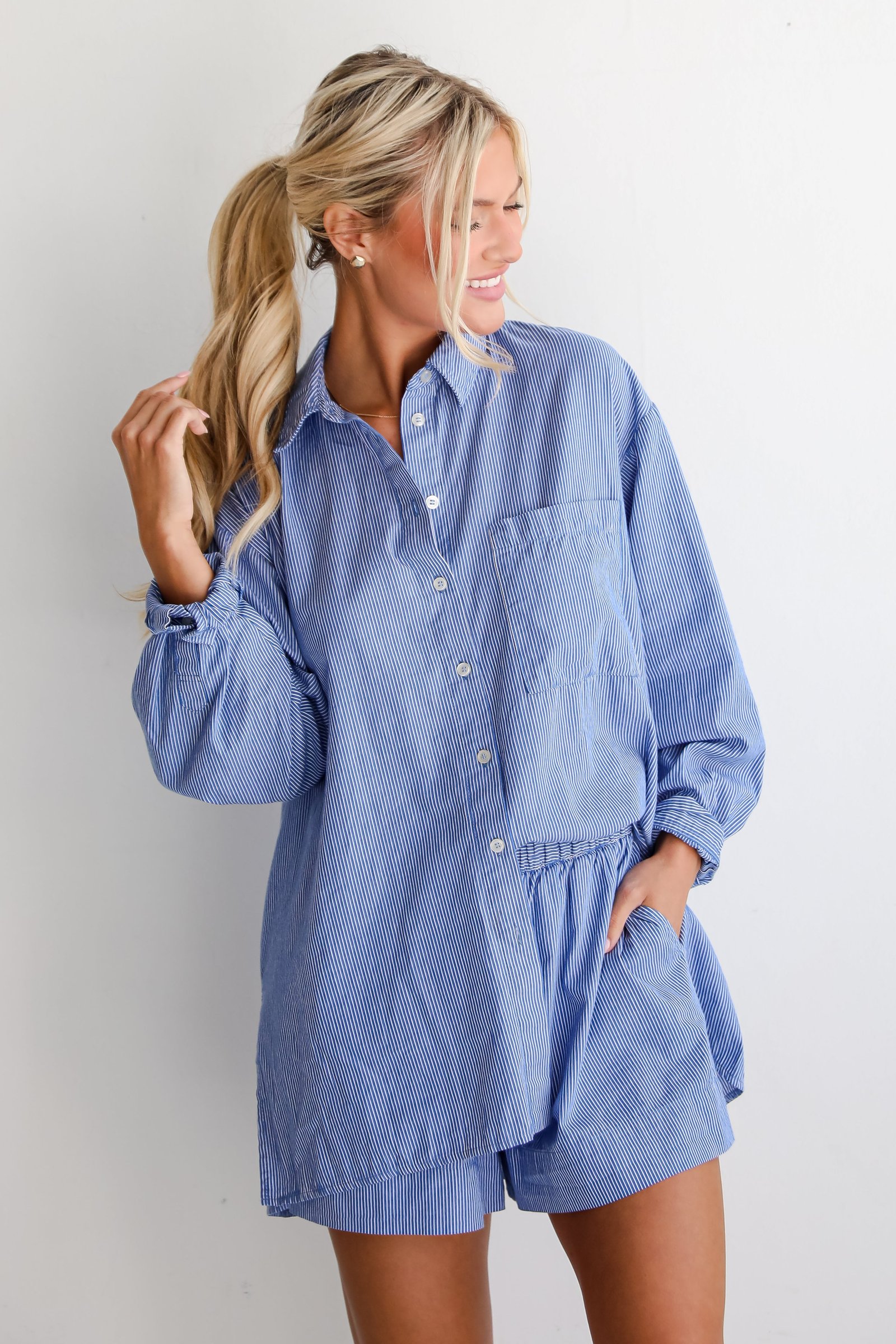 Vacation Sun Blue Striped Button-Up Blouse DK17