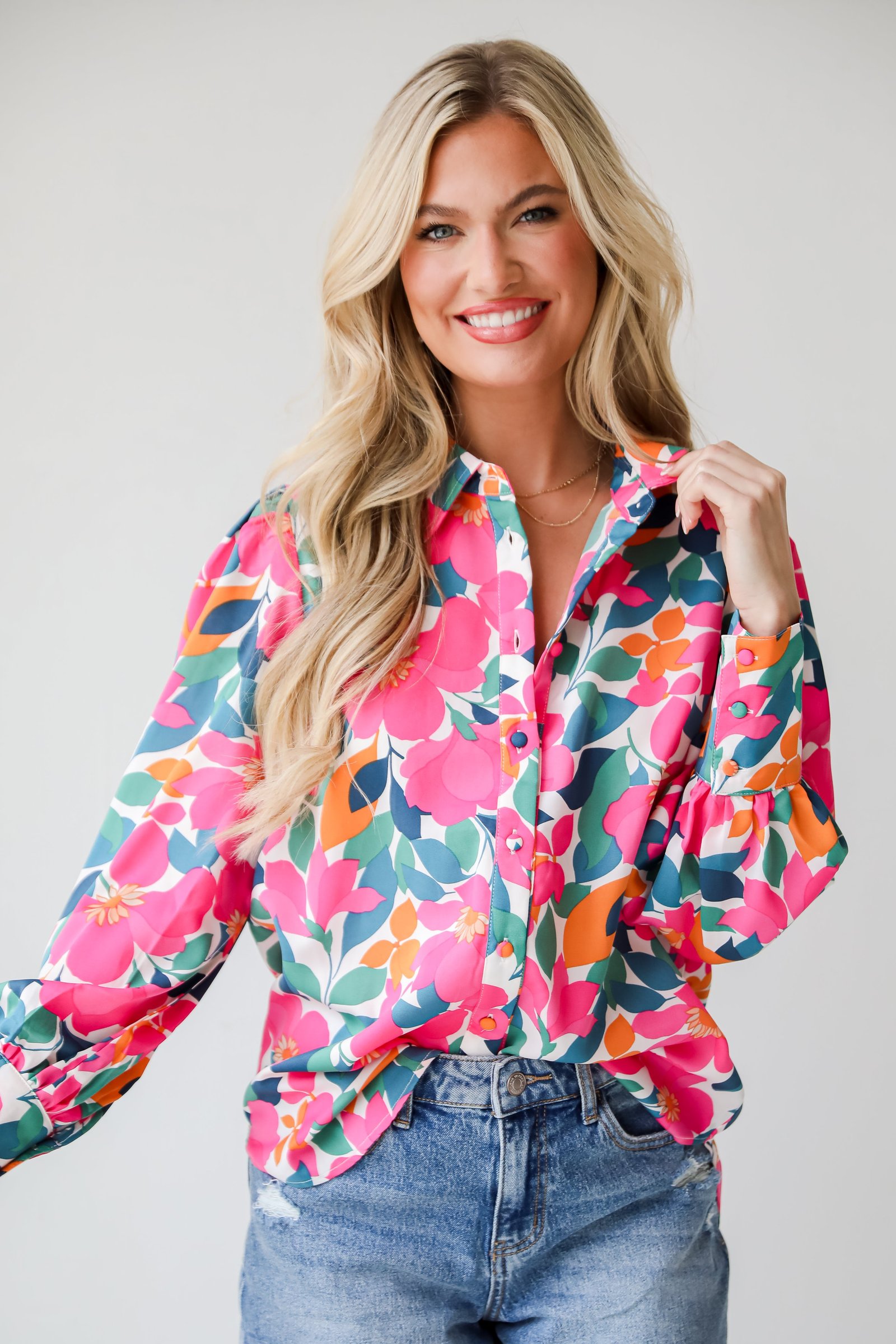 Purely Perfection Pink Floral Button-Up Blouse DK3