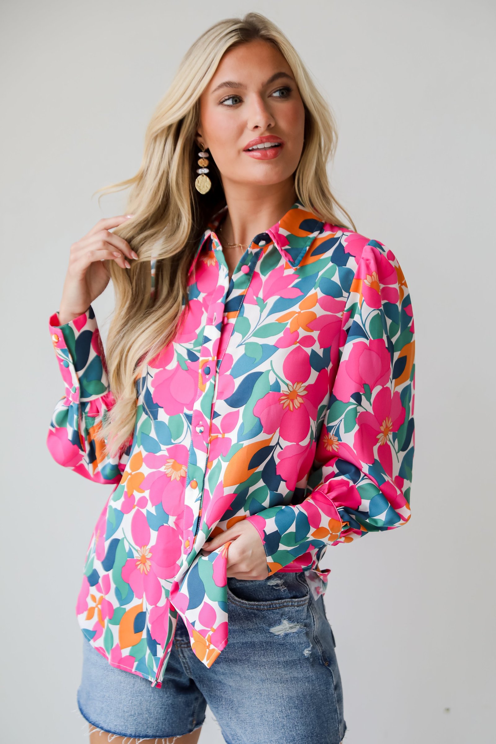 Purely Perfection Pink Floral Button-Up Blouse DK3